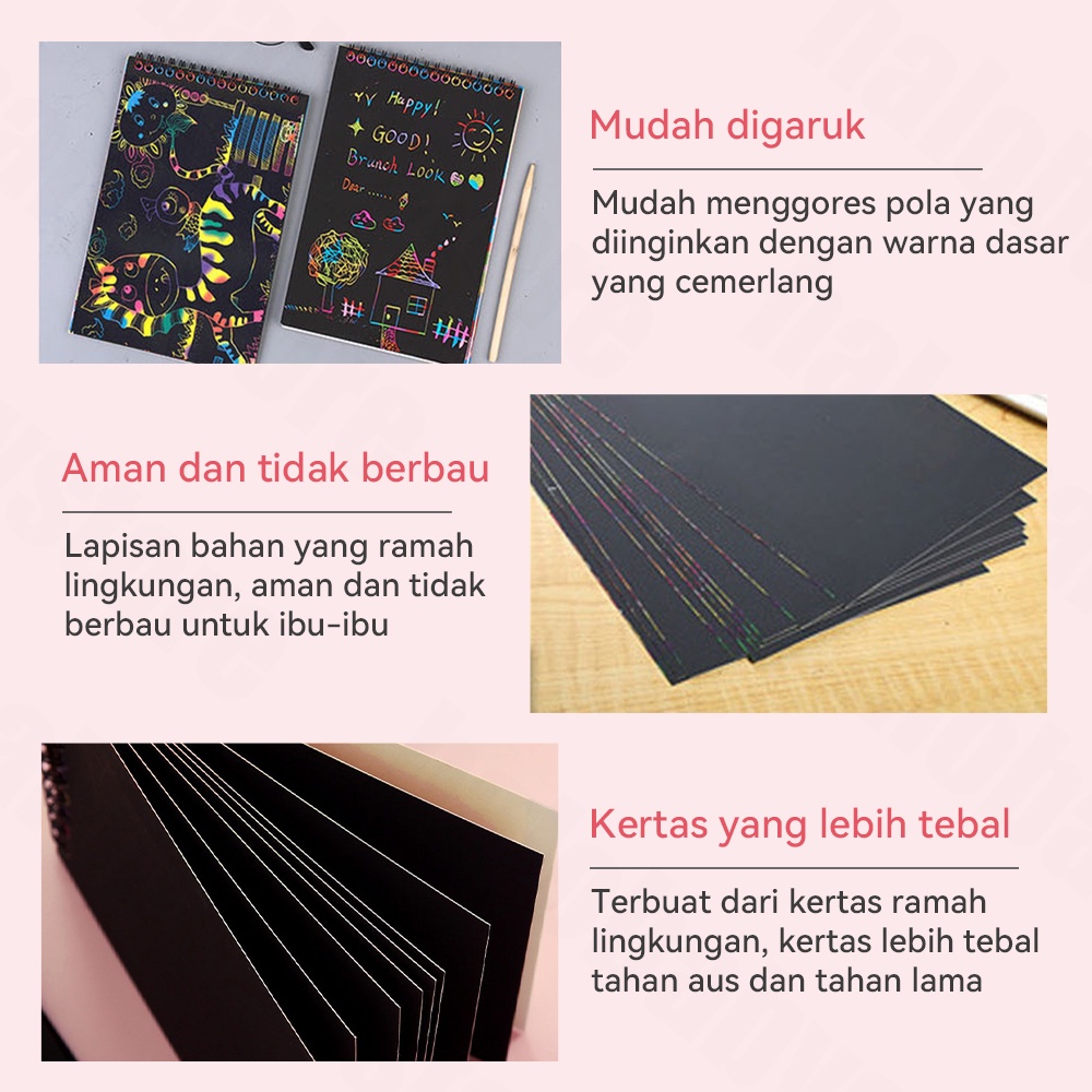 Halo Baby Scratch note/Magic Buku Gambar Gores/Scratch note kecil/Black Cardboard/Magic Color Rainbow Scratch Paper Note book