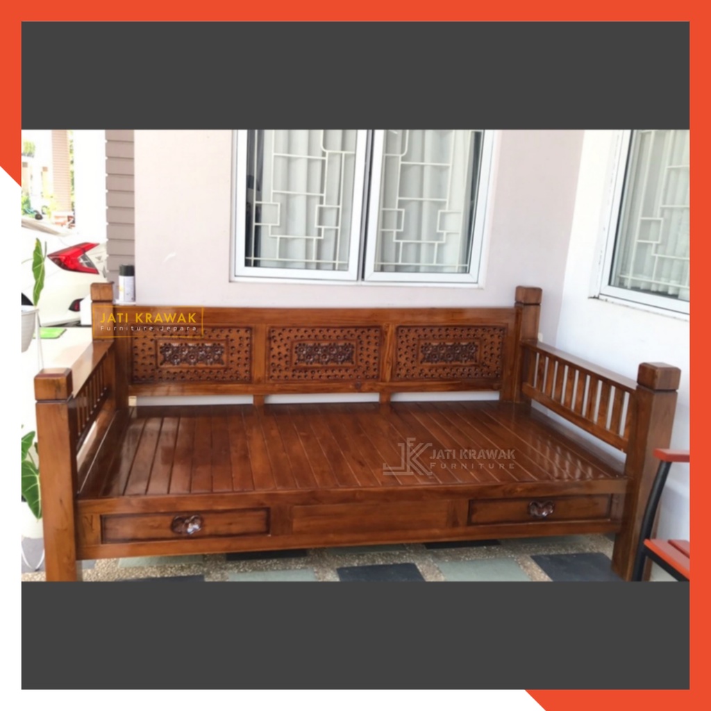 Daybed Bale-Bale Ukiran Bunga Seribu Kayu Jati | Bangku daybed minimalis ukiran motif bunga kayu jat
