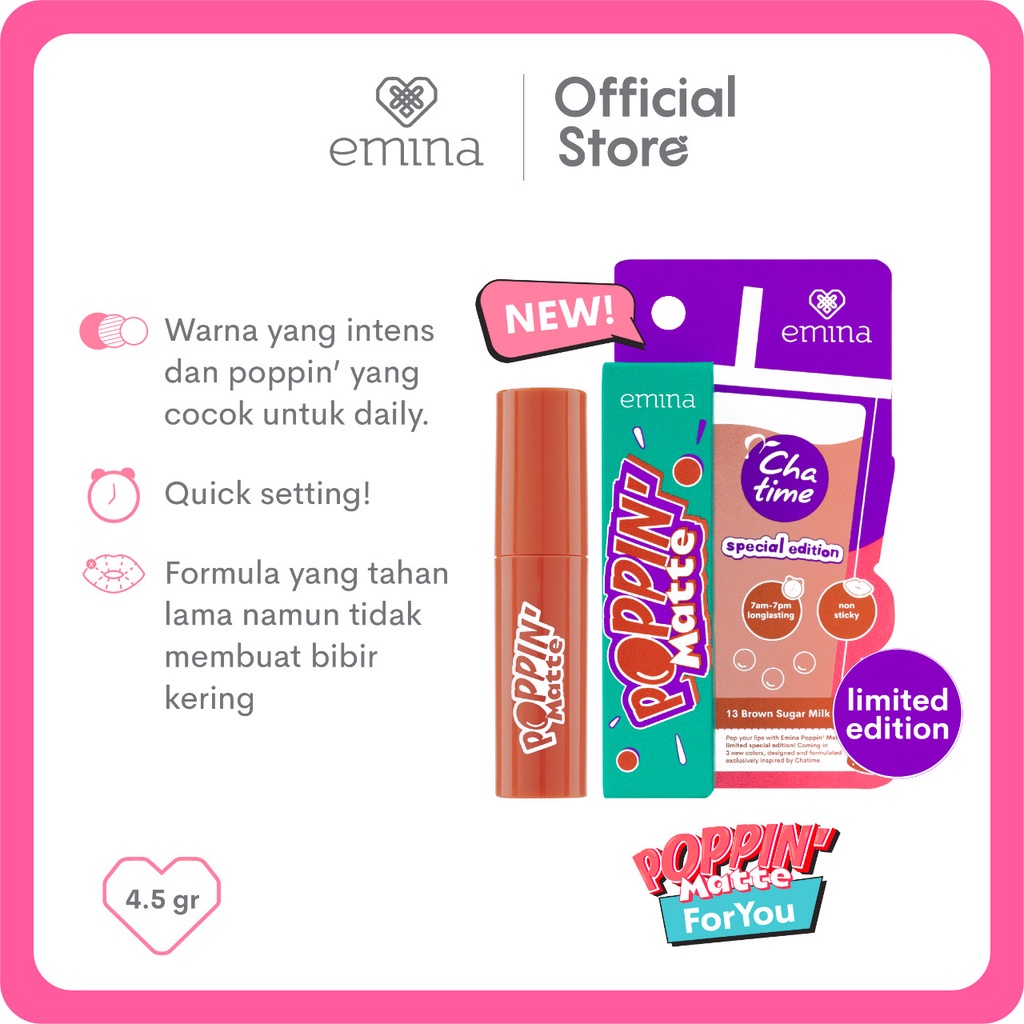 Emina Poppin' Matte x Chatime Edition 4.5 g - Lip Matte Transferproof, Long-Lasting