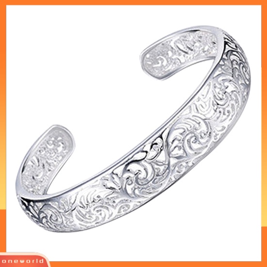 {oneworld} Gelang Cuff Bukaan Pengerjaan Indah Hollow Warna Silver Motif Ukir Retro Bangle Untuk Pesta