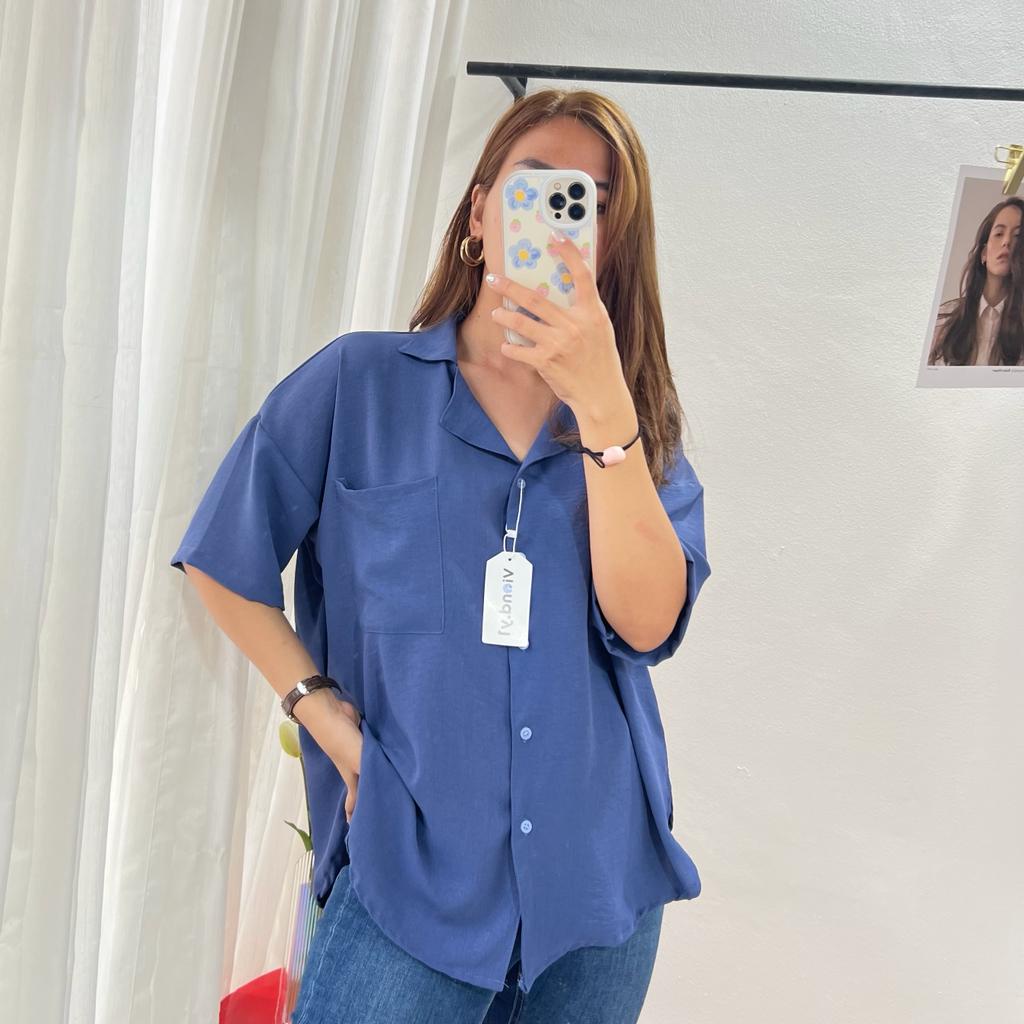 Blouse Lengan Pendek Atasan Wanita Kantong Korea / Kemeja Pocket Cewek Terbaru Bahan Kringkel 141