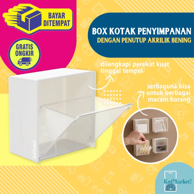 WALL MOUNTED STORAGE BOX - Kotak Organizer Penutup Akrilik Bening Tempat Cotton Buds Tempel Dinding 