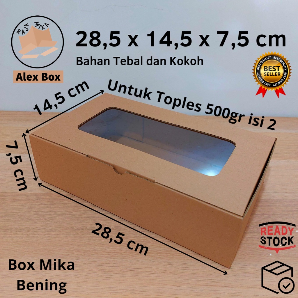 

Kardus Mika 28,5 x 14,5 x 7,5 cm... diecut, untuk toples 500gr isi 2