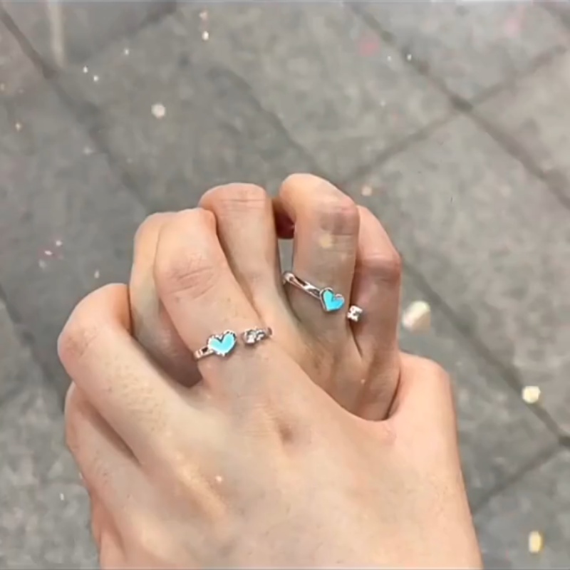 Papaozhu Korea Bercahaya Biru Cahaya Jantung Cincin Untuk Pasangan Pecinta Trendi Glow in The Dark Terbuka Cincin Persahabatan Jari Manset Perhiasan Hadiah