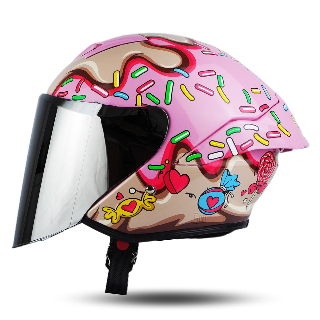 Helm JS1 Half Face Motif Candies Hitam Pink SNI Terbaru
