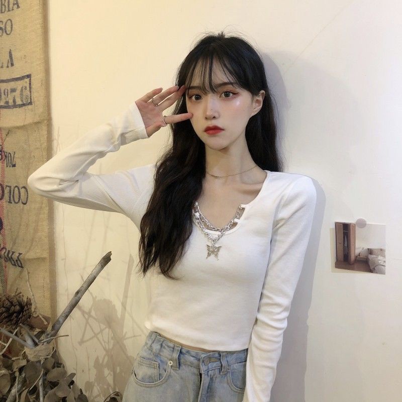 Red 2022 musim gugur gaya Korea baru slim bottoming shirt top rasa desain rantai hitam pendek lengan panjang T-shirt pakaian wanita