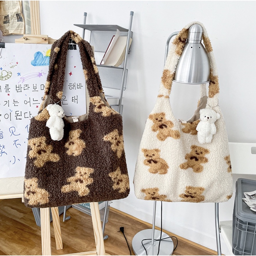 Tote Bag Tas Jinjing Wanita Korea Motif Bear Cute Winter Bear Sling Bag Perempuan Stylish