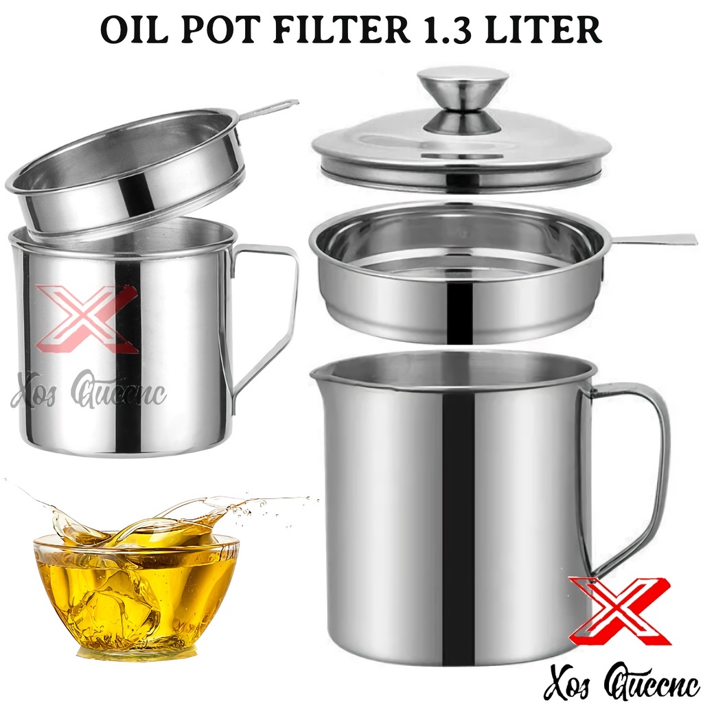 [XOQ] Saringan Tempat Minyak 1300ml Stainless Steel / Oil Pot Stainless Steel 1.3 Liter / Gelas Saringan Minyak Jelantah