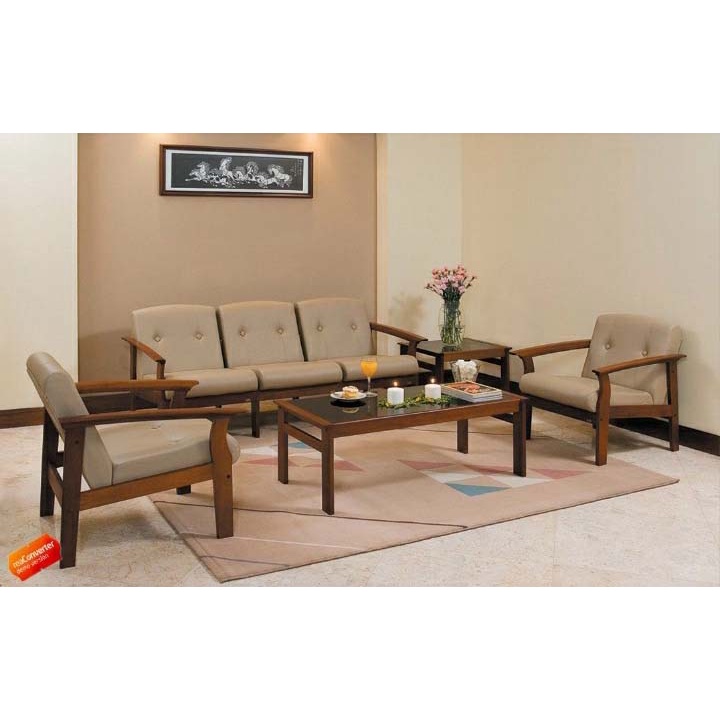 Kursi tamu kayu asli 1 set Aprilia Ligna (311 + 2 meja kaca) Sofa kayu Sofa set sofa minimalis
