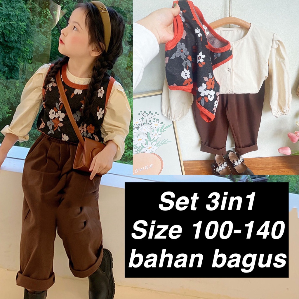 (LOLI-JKT) BS-380 STELAN 3IN1 ANAK CEWEK MODEL ROMPI FLORET PANTS SIZE 100-140