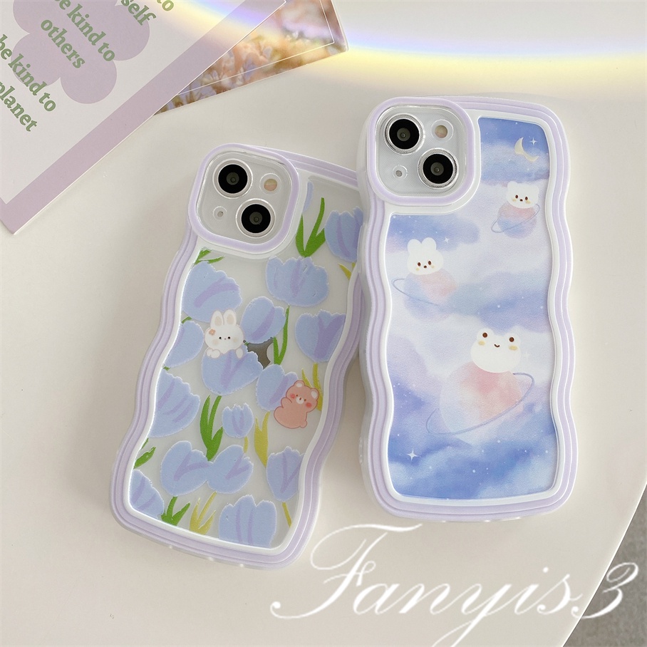 Compatible For iPhone 14 13 12 11 Pro Max X XR Xs Max 8 7 6 6s Plus SE 2020 Kompatibel Untuk Tulip Kelinci Beruang Gelombang Frame Phone Case TPU Soft Cover