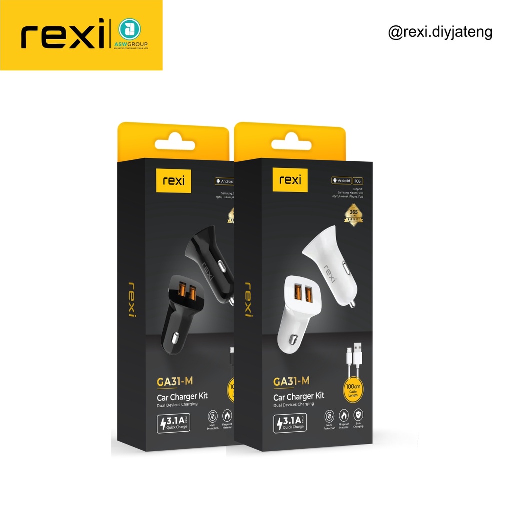 Car Charger Rexi GA31-M 3.1A Max Dual Output with Micro Cable Safe Charging GA31-M