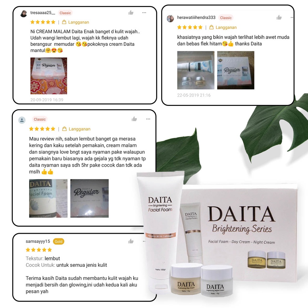 Daita skincare original cosmetic brightening paket facial foam day cream night cream glowing whitening bpom ampuh putih cepat dalam 7 hari