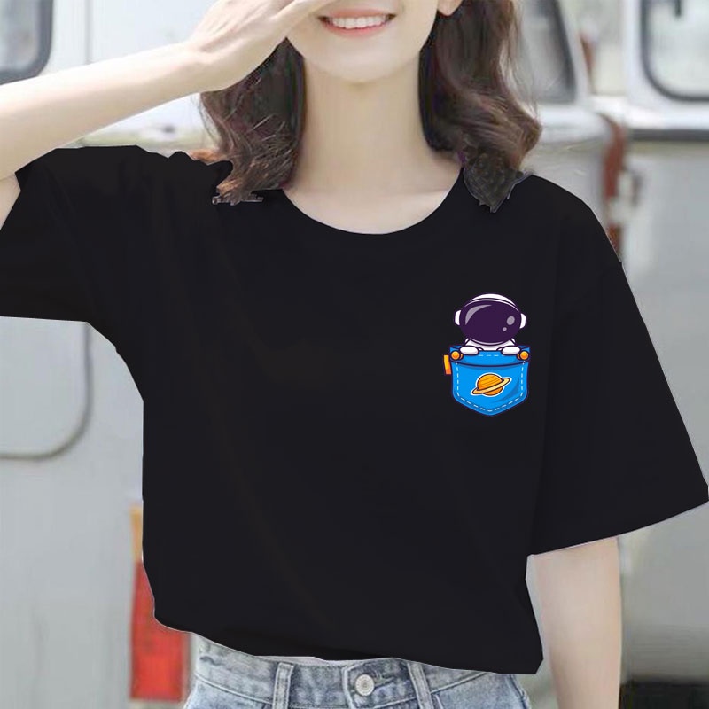 Baju Kaos Atasan Logo Astronot Pocket Nasa Wanita Jumbo Oversize Lengan Pendek