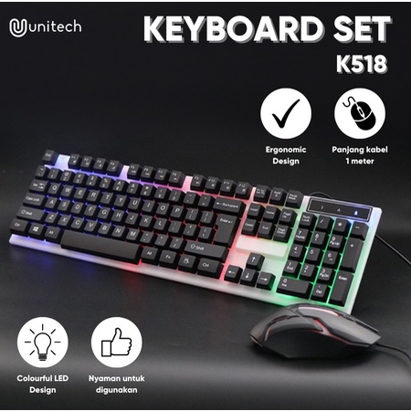 ITSTORE Keyboard Mouse Gaming RGB LED Set Gaming Unitech Paket Gaming K518