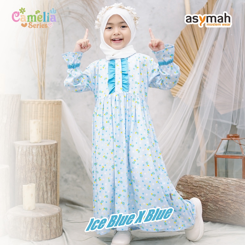 ASYMAH Gamis Dress Anak Perempuan Motif Bunga Warna Ice Blue - Camelia Series