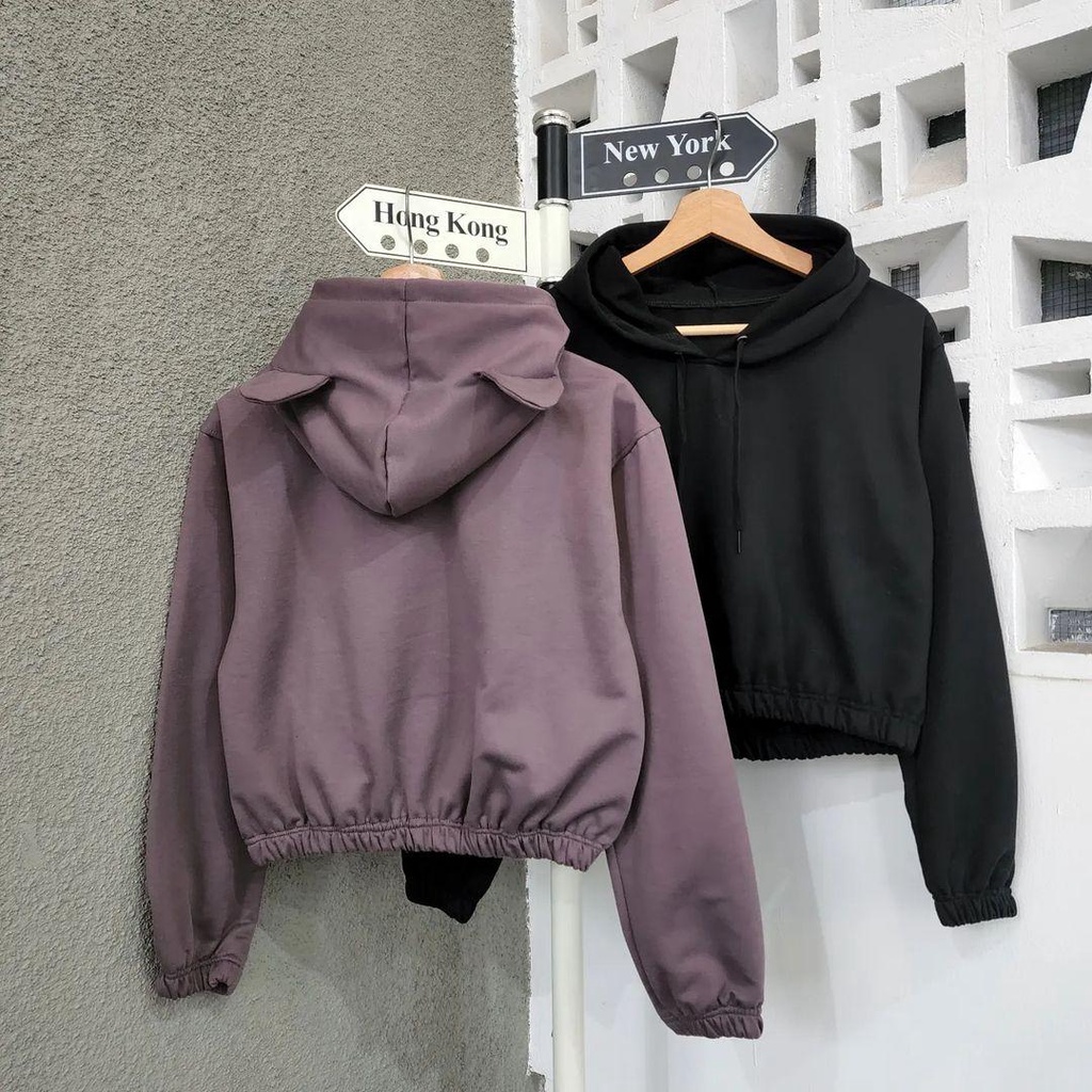 Hoodie sweater wanita CUTE EAR CROP jaket kuping beruang