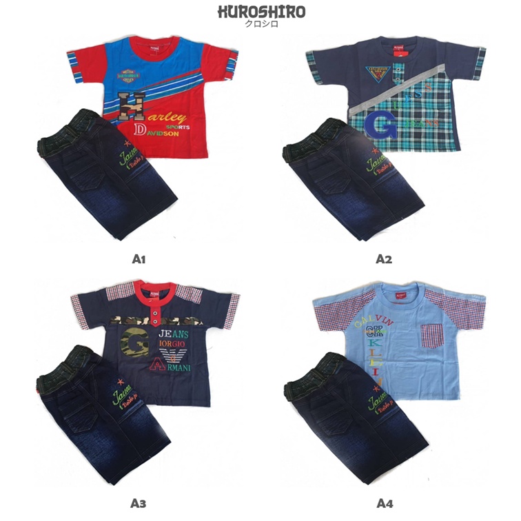 KUROSHIRO - Setelan Baju Anak Laki Laki 1-9 Tahun Jeans Pendek Kaos Kuroshiro