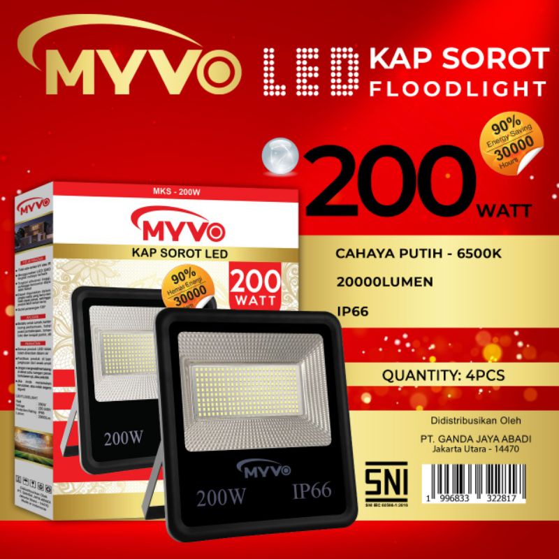 Floodlight Lampu Sorot/Tembak 200W 200 watt Putih 6500K IP66 MYVO