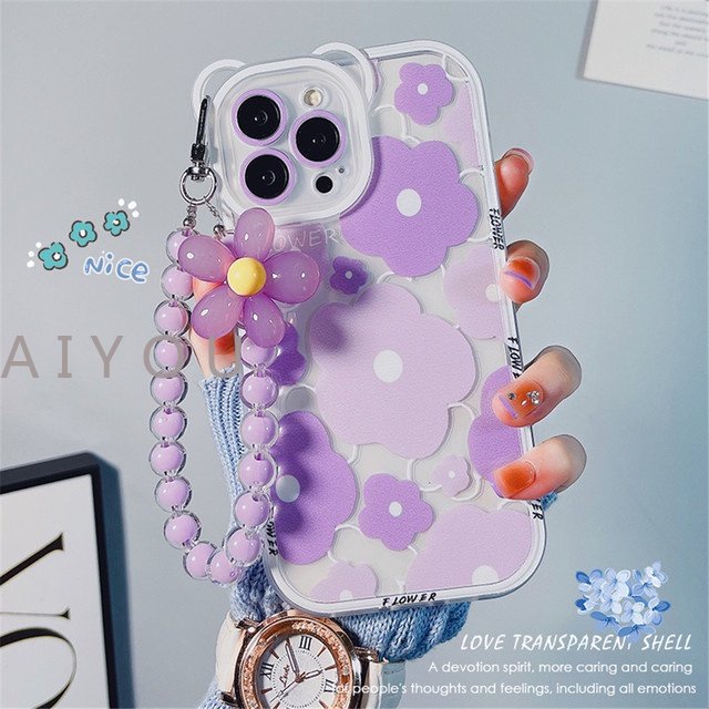 Lucu 3D Telinga Beruang Bunga Gantung Telepon Rantai Bening Soft Case Untuk iphone 14 Pro Max13 12 11 XR XS X7 8 plus SE MiNi Mewah Cover