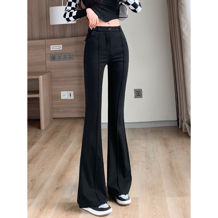 ✅COD hitam high-waist cutbray kasual berkobar celana panjang Korea