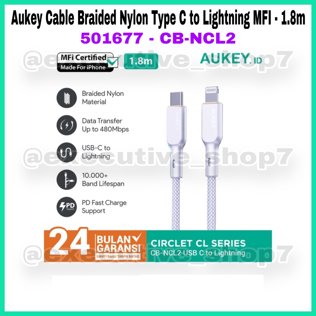 Aukey Cable Braided Nylon Type C to Lightning MFI - 1.8m - 501677 - CB-NCL2 - Garansi Resmi 2 Tahun