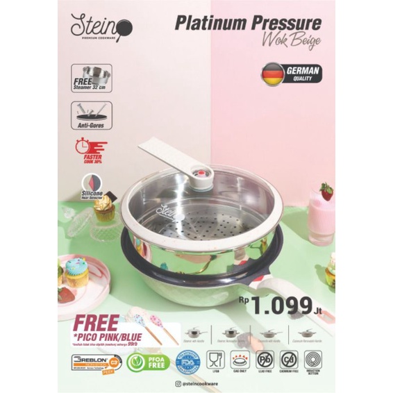 FREE STEAMER dan PICO Stein Steincookware Wok Platinum 32cm Pressure Cooker Steamer Anti Baret