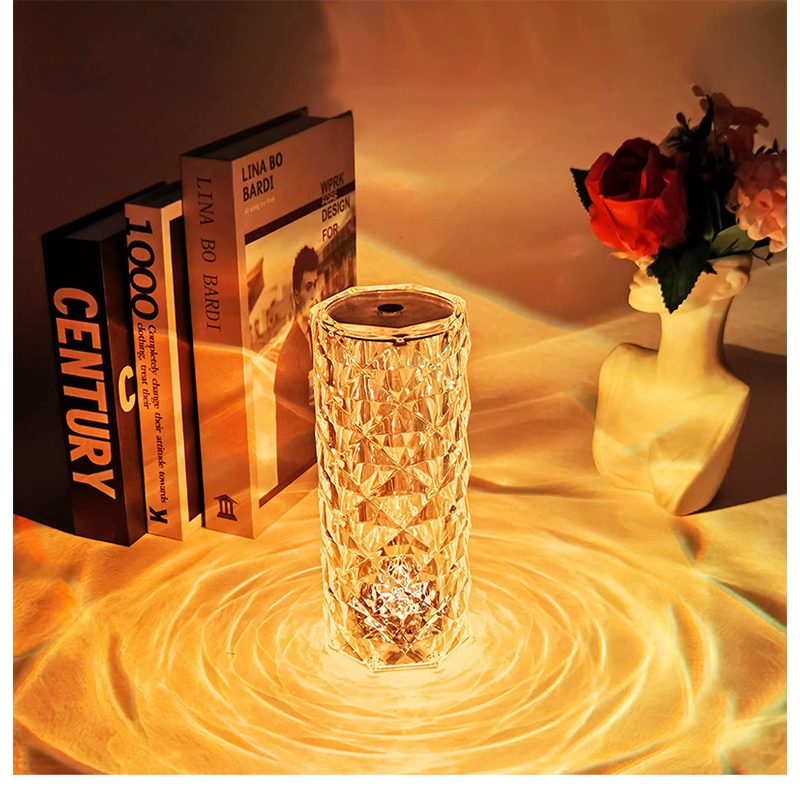 LED Lampu Meja Kristal Rose Light Projector 16 Colors Touch Adjustable Romantic Diamond Atmosphere Light Touch Night Light
