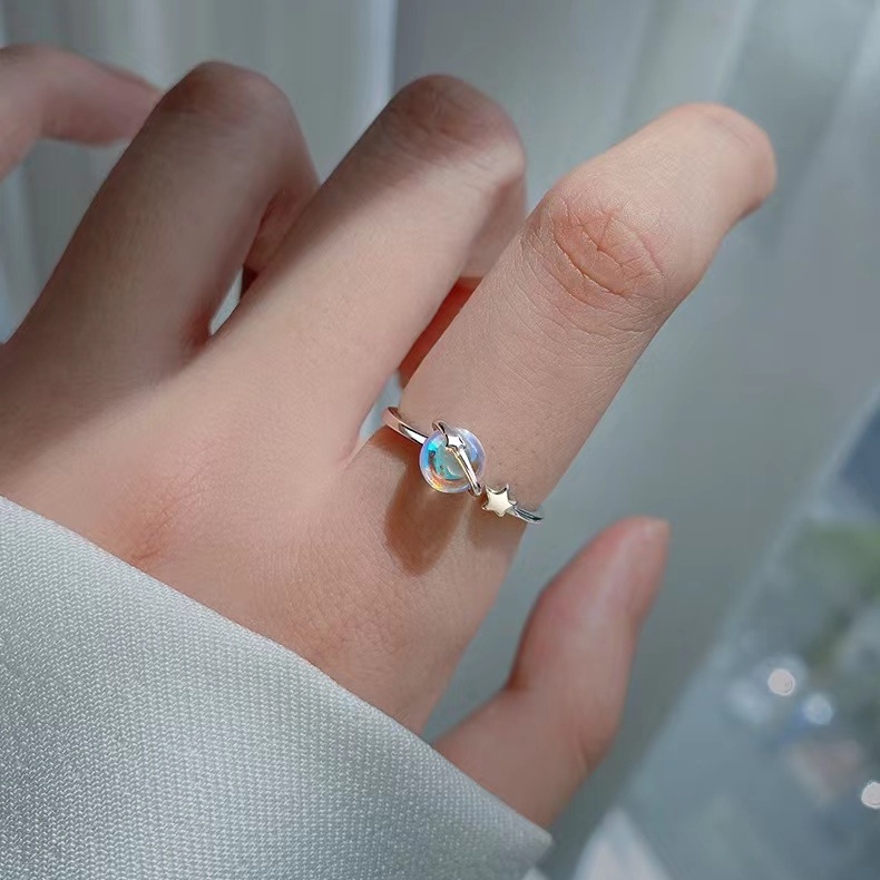 S925 Perak Moonstone Cinta Rumbai Cincin Kepribadian Korea Berbentuk Hati Terbuka Adjustable Ring