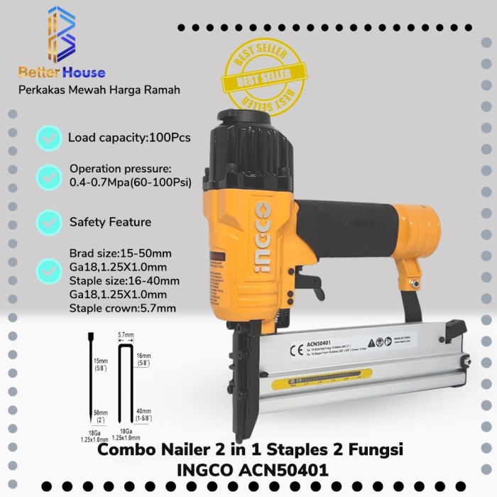 

GA18 MESIN PAKU TEMBAK INGCO STAPLES 2 in 1 nail gun brad nailer air