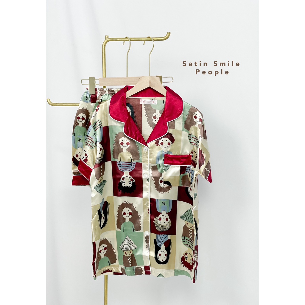 Baju Tidur Wanita Celana Pendek Set Piyama Bahan Satin Smile People HOPYLOVY