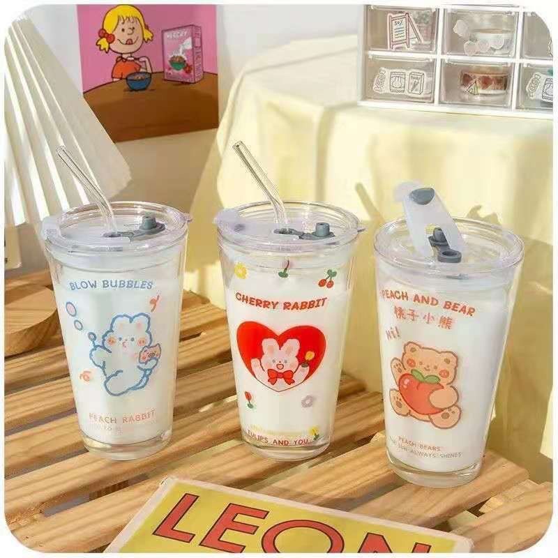 Gelas Mug Kaca /  Tumbler dengan Sedotan Motif Kartun Lucu Beruang Kelunci ala Korea / gelas Aesthet
