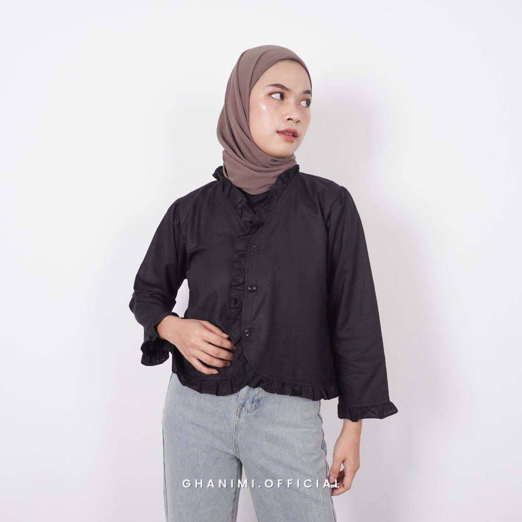 Ghanimi - Minji Shirt / Kemeja Linen Rami Polos / kemeja kerja kancing busui friendly / kemeja kerja kekinian korean style / kemeja katun polos lengan panjang ruffle