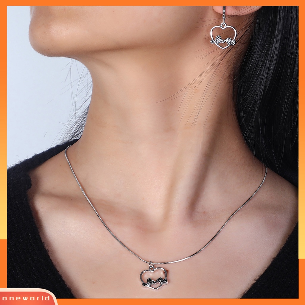 [oneworld] Set Kalung Eye-catching Bahan Alloy Pengerjaan Halus Bentuk Hati Cincin Telinga Menjuntai Set Untuk Harian