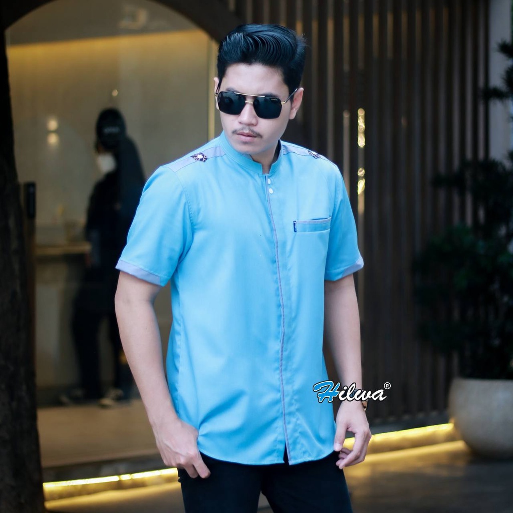 HILWA COLLECTION Kemeja Baju Koko Pria Lengan Pendek Seragam Hadroh S M L XL XXL Jumbo Warna Biru Wa