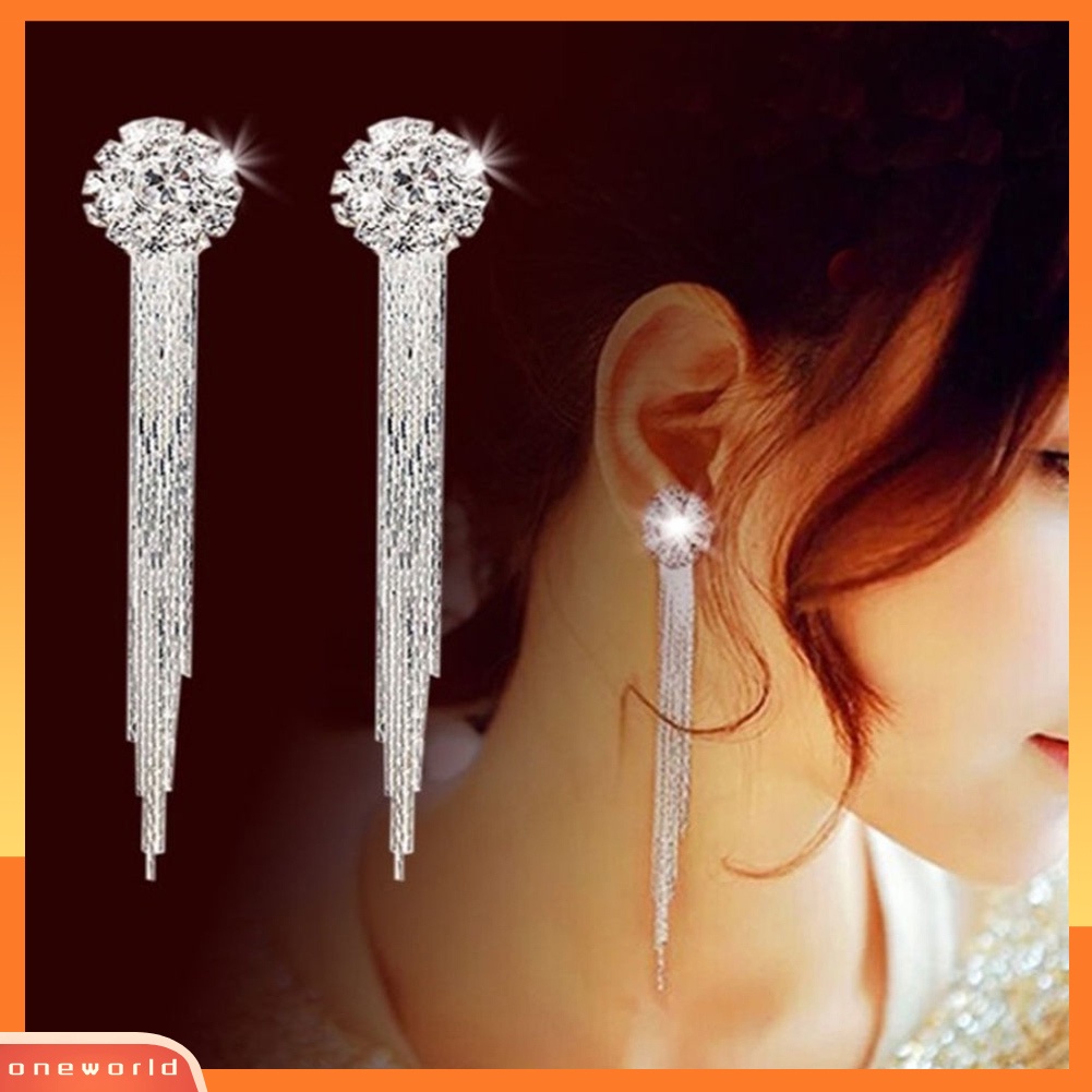 {oneworld} Wanita Berlian Imitasi Mengkilap Panjang Rumbai Menjuntai Stud Earrings Fashion Pengantin Perhiasan