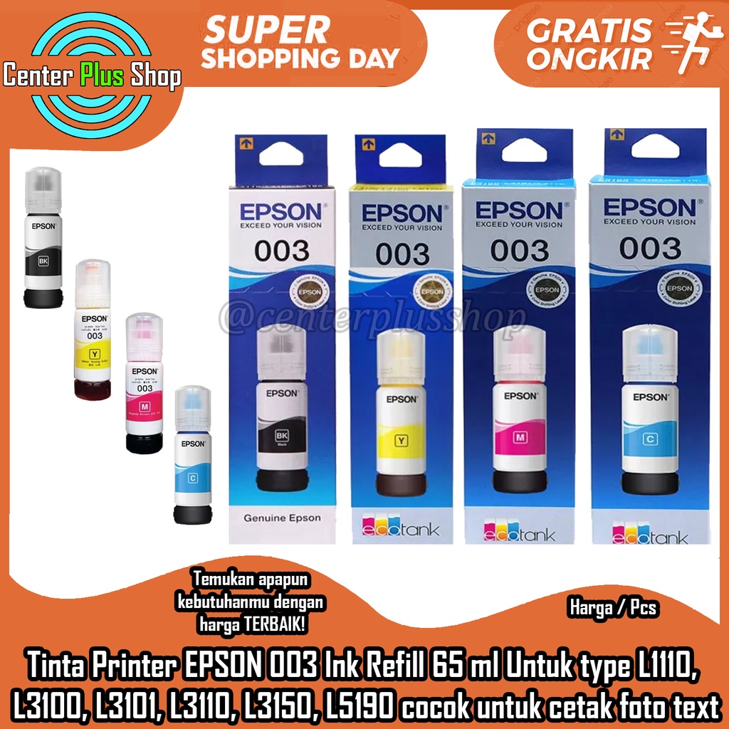 TINTA PRINTER 003 TIPE PERINTER L1110 L3110 L3150 L5190 L3100 L3101 ORIGINAL COMPATIBLE REFIL INK FR