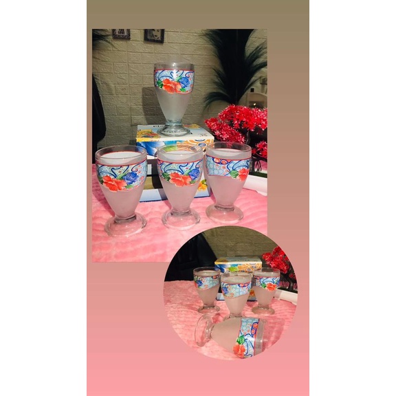Gelas  bunga biru Tumblers Set isi 4 pcs / Gelas Kaca Motif Bunga isi 4