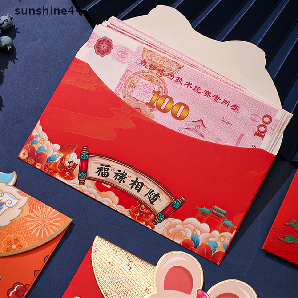 Sunshine 4Pcs Amplop Merah Lucu Hongbao 2023tahun Baru Festival Musim Semi Kantong Merah Paket Uang Keberuntungan Kartun Tas Hadiah.