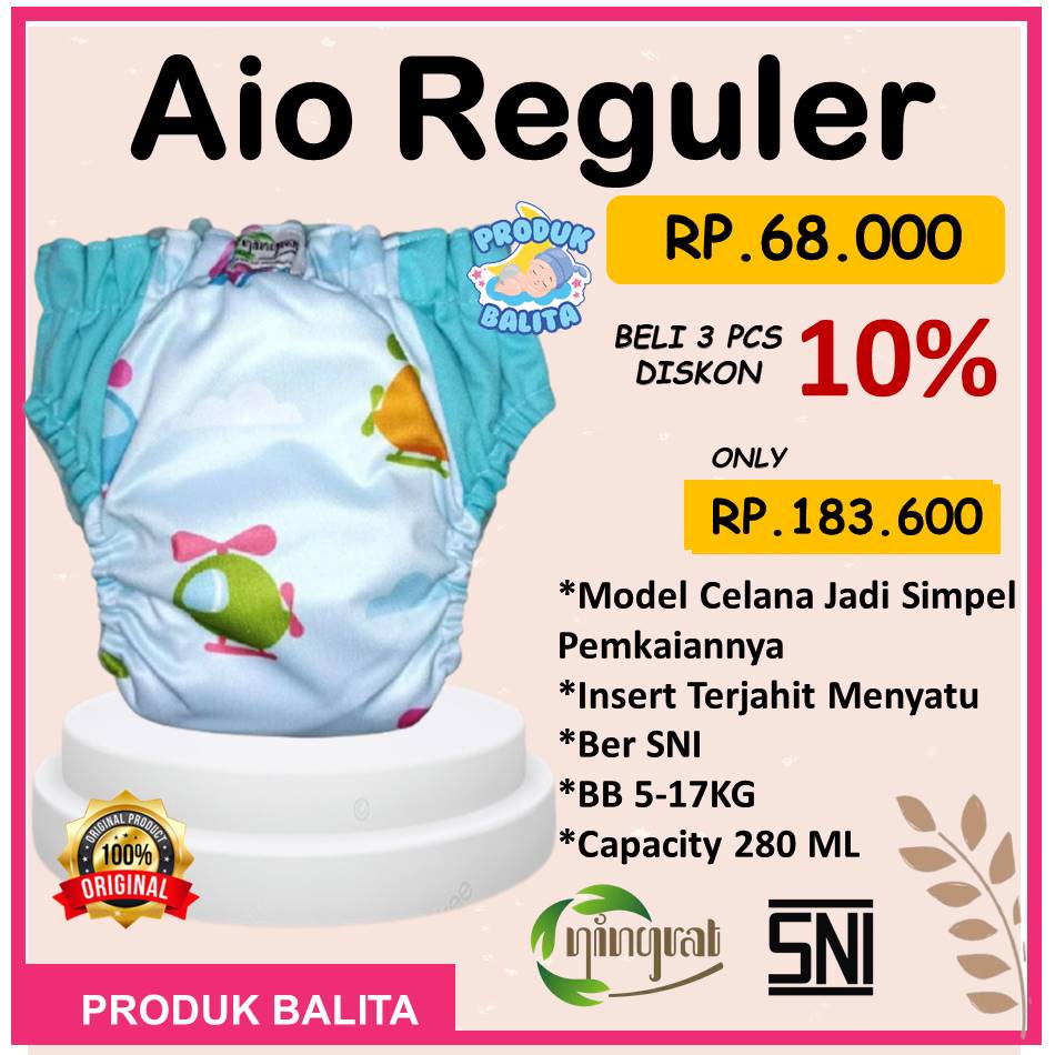 AIO Reguler Clodi Bayi Popok Kain Cuci Ulang BB 5-17Kg Pempers Celana All In One Ningrat Terlaris