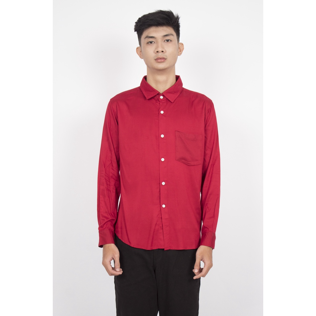 HIPNOP MOSCO Maroon  Kemeja Polos Pria Lengan Panjang Formal