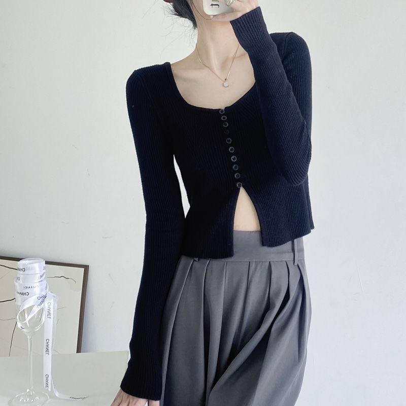 Red Retro Jepang Angin Lembut Pendek Slim Kecil Seksi Pakaian Rajut Atasan Lengan Panjang Di Dalam Bocor Klavikula Sweater Pakaian Wanita