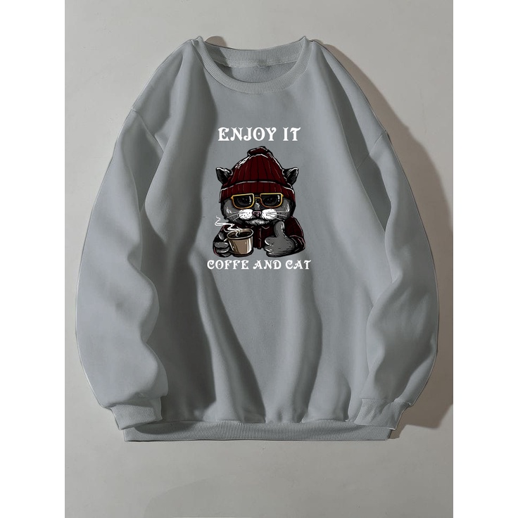 Sweater Crewneck Pria Wanita COFFE AND CAT / Switer Jumper Pria Wanita Bahan Fleece