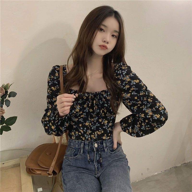 Red French square collar floral long-sleeve shirt women s autumn unique chic top slim fit short design niche shirt