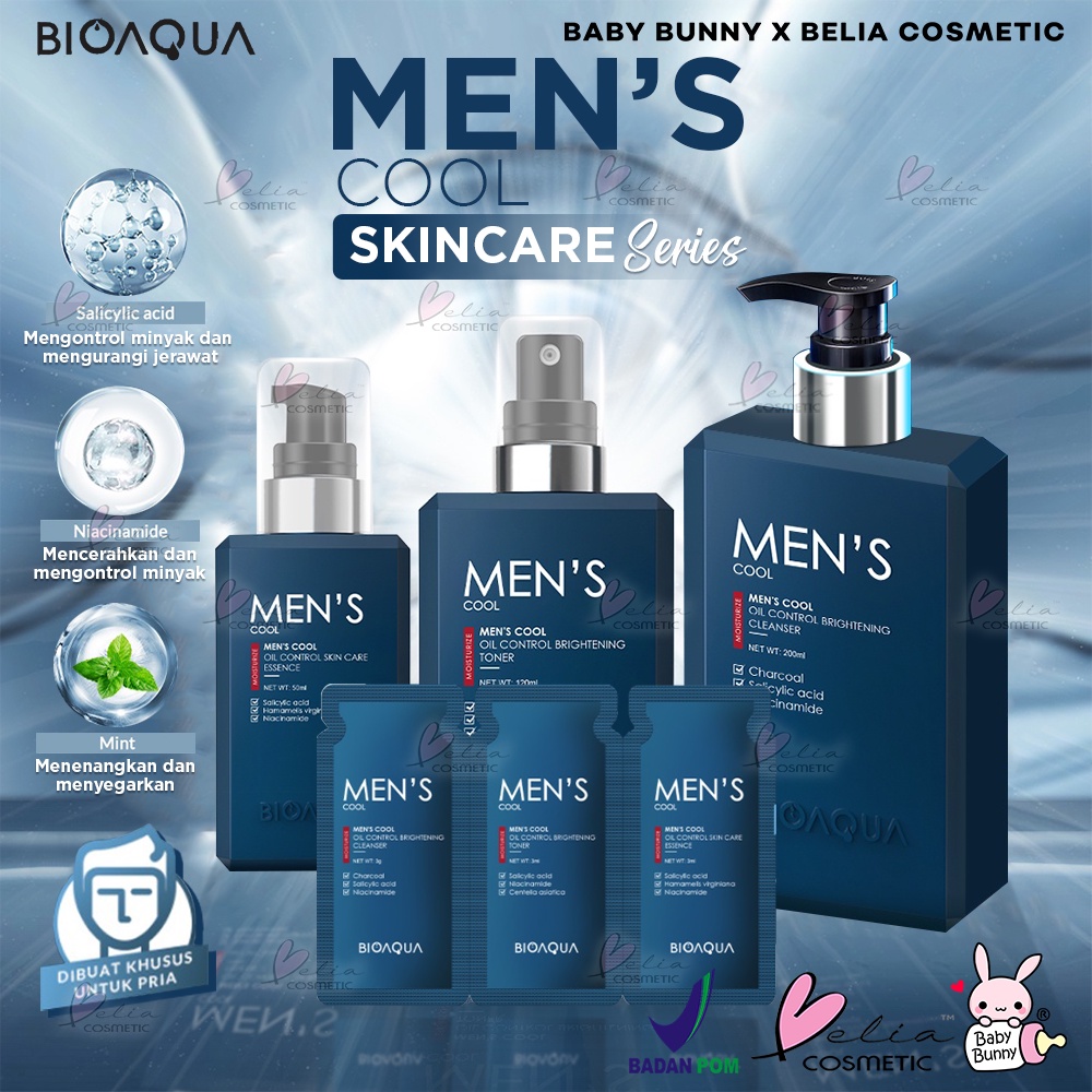 ❤ BELIA ❤ BIOAQUA Men's Cool Skincare Oil Control Brightening Toner 120ml | Essence 50ml | Cleanser 200ml | Travel Size | BPOM