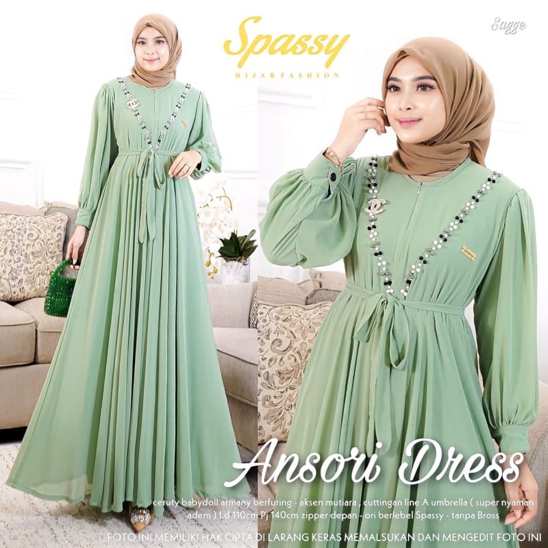 Ansori Dress Kondangan Sage Gamis Wanita Kekinian Busui Friendly Gaun Pesta Muslimah Ceruty Babydoll Aksen Mutiara Baju Wanita Jumbo