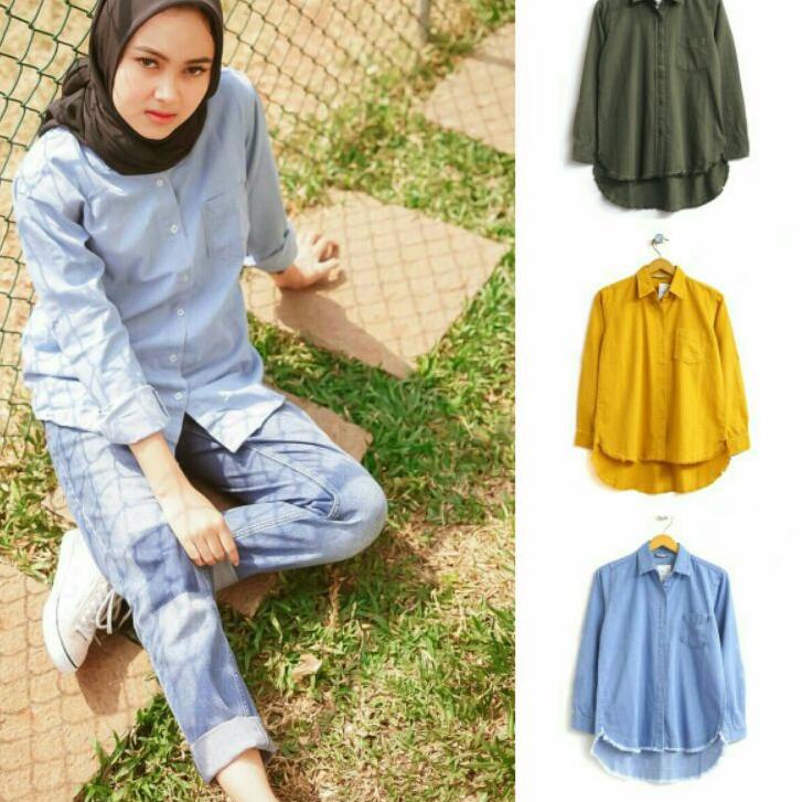 HnM Army denim Kemeja Polos Wanita Baju Kantor Lengan Panjang Cewek Formal Pakaian Kerja mustard [IE