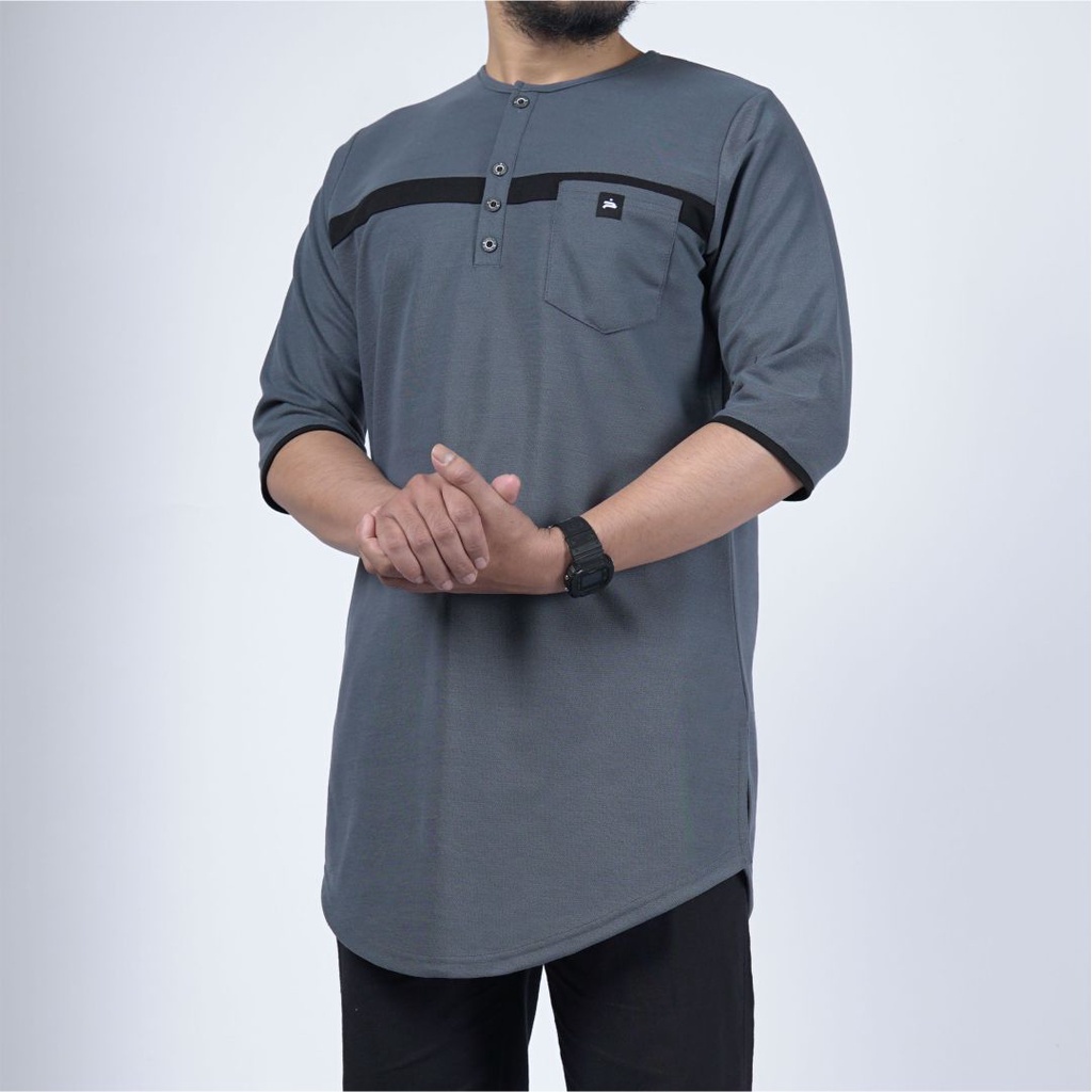 Koko Kurta Pria | Baju Koko Lacost | Baju Muslim Pria | Qurta Kaos Berbahan Lacost Abu Tua