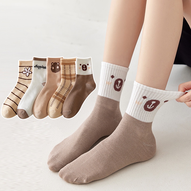 ⭐️𝐈𝐇𝐒 𝟗𝟏𝟗 𝐋𝐚𝐦𝐩𝐮𝐧𝐠⭐️Kaos Kaki Pria Wanita Panjang Setinggi Betis Corak Coklat Putih Bear Korean Style Socks