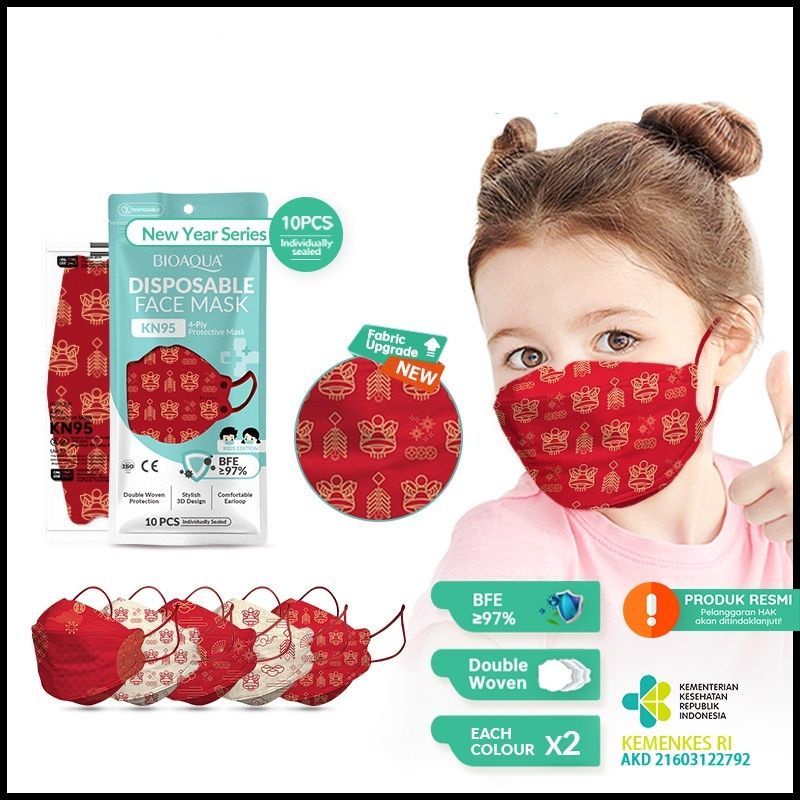 10PCS MASKER KF94 ANAK IMLEK MOTIF SINCIA CNY CHINESE NEW YEAR BARONGSAI 4PLY EARLOOP WARNA MERAH GO